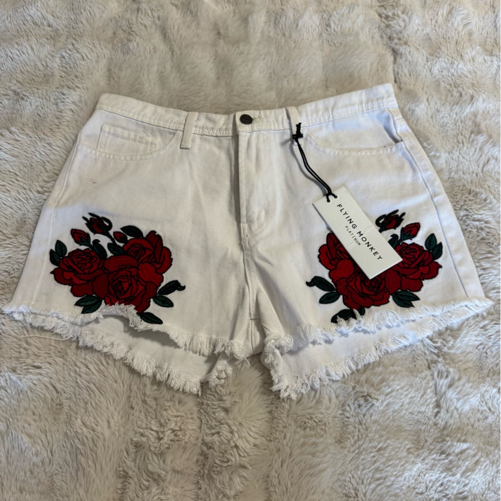 Flying Monkey White Denim Shorts with Red Rose Embroidery